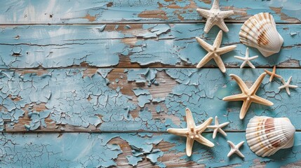 Starfish and Seashells on Weathered Blue Wooden Background - Nautical Beach Theme.