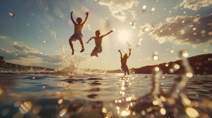 People having summer fun jumping playing in water outdoor
