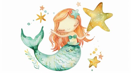 Vector illustration of a cute beautiful mermaid. Nursery art for baby.