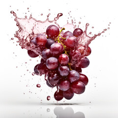 A bunch of grapes is splashing water, with a leaf on top. Concept of freshness and vitality, as the grapes are surrounded by the cool, refreshing water