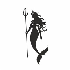 Black silhouette vector illustration of a beautiful mermaid with a trident over white background.