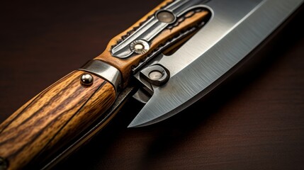 Close-up of an elegant pocketknife with wooden handle and detailed design