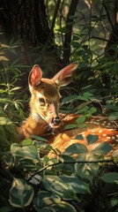 A fawn nestles in the forest underbrush, camouflaged by dappled sunlight, bright water color