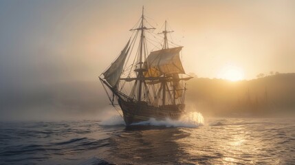 Fototapeta premium Sailing ship in sea water at sunset.