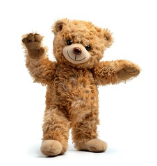 photo of adorable toy brown teddy bear waving standing on a white background in a high resolution photograph