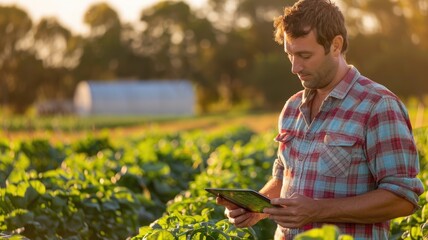 farmer reviewing data on a tablet that displays real-time soil health metrics collected by P-IoT devices, optimizing nutrient management