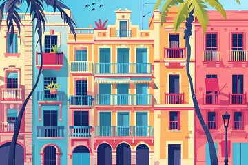 Naklejka premium Valencia, Spain, architecture travel postcard. Colorful buildings flat illustration. 