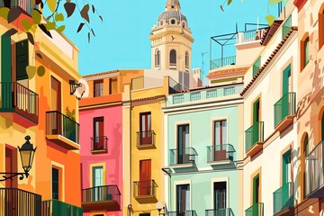 Obraz premium Valencia, Spain, architecture travel postcard. Colorful buildings flat illustration. 