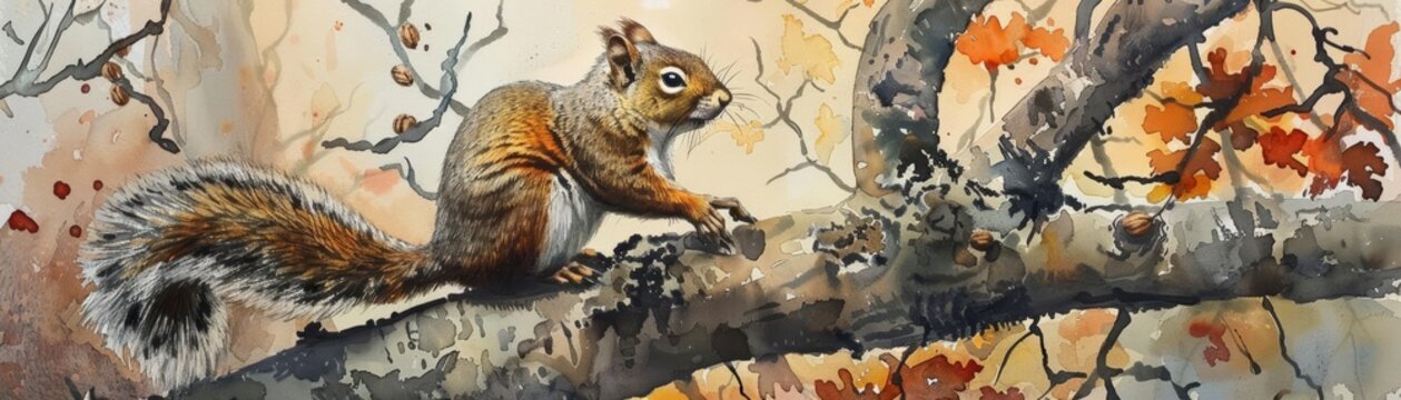 A squirrel chatters away, busily burying nuts under the watchful eyes of old oak trees, bright water color