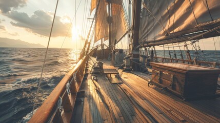 Deck view from a sailing ship with beautiful seascape.