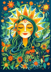 Folk art style illustration depicting a serene Sun Goddess surrounded by colorful floral designs.