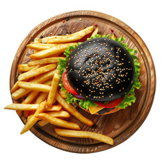 delicious black tasty burger with french fries