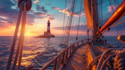 Deck view from a sailing ship with beautiful seascape and lighthouse at sunset.
