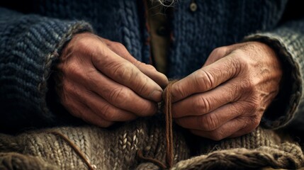 Elderly craftsman meticulously mending a garment with careful, experienced hands