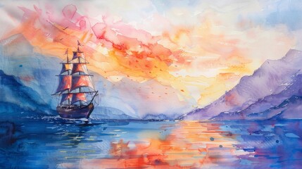 Obraz premium Sailing ship in sea water at sunset.