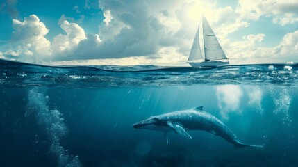 Sailing boat above and a giant whale beneath underwater in sea.