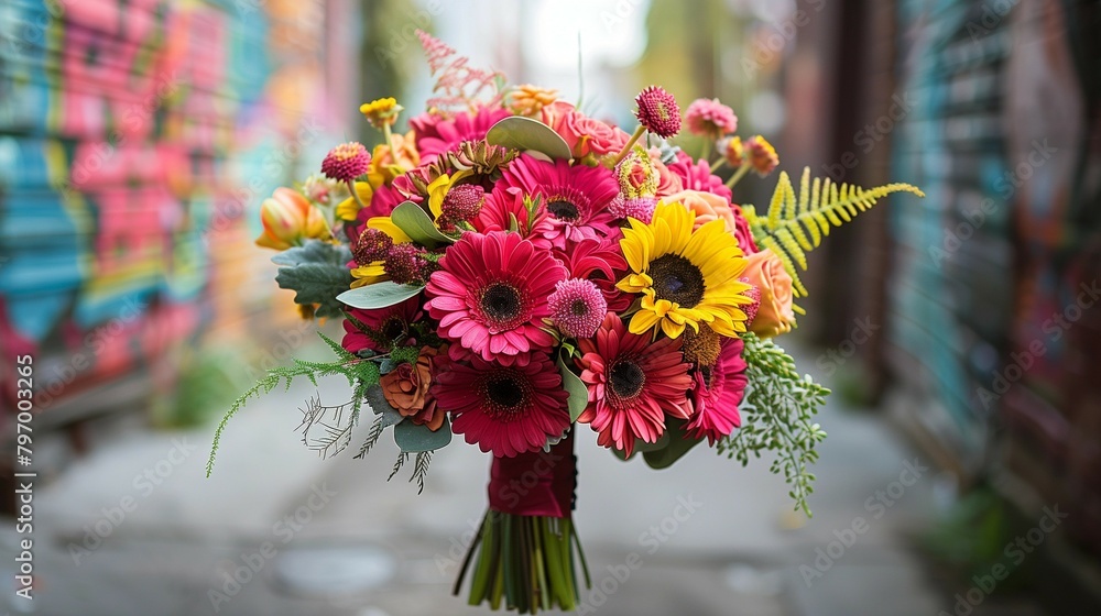 Poster Edgy Romance: Colorful Bouquet in City Alleyway, generative ai