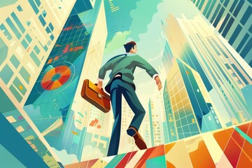 In a bustling cityscape, a retro cartoon businessman strides confidently towards a towering skyscraper, his briefcase bursting with bright, animated charts and graphs