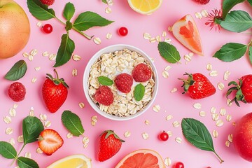 Arrange breakfast with multigrain and maple syrup, featuring porridge as a meal that promotes health with dry, dried fruit additions, alongside cereal displays for a mixed, fresh fruit experience.
