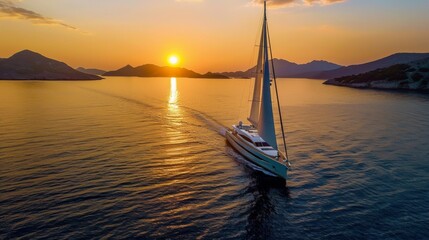 Naklejka premium Sailing ship in sea water at sunset.