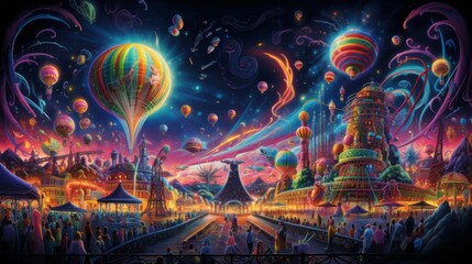 Vibrant fantasy carnival with hot air balloons and whimsical towers under a starry night sky