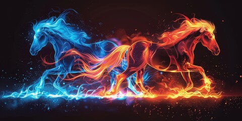 A couple of horses running through a field of fire. - 797004231