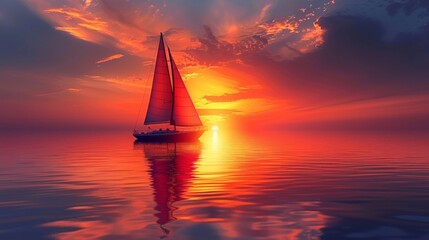 Fototapeta premium Sailing ship in sea water at sunset.