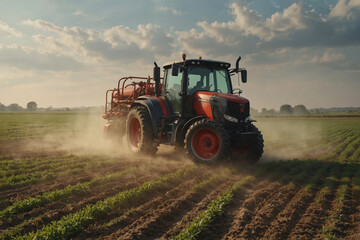 Watering, treating fields with crops with Pesticides and Herbicides on a tractor. Agricultural industry