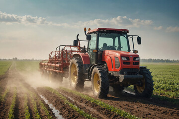 Watering, treating fields with crops with Pesticides and Herbicides on a tractor. Agricultural industry