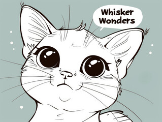 A white cat with big eyes and a speech bubble. - 797004670