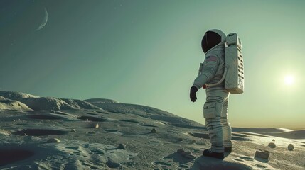 Spaceman or astronaut on the surface of moon. 3d illustration