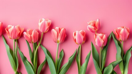 Obraz premium Spring tulip flowers on pink background top view in flat lay style. Greeting for Womens or Mothers Day or Spring Sale Banner