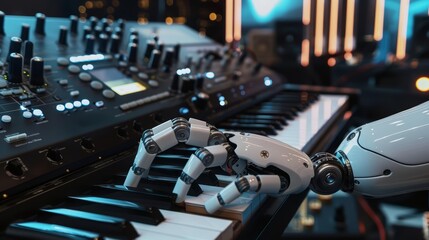 The fusion of traditional musical artistry and cuttingedge technology is portrayed through the image of a robot pianist on a dynamic backdrop