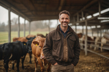 A worker in overalls in the foreground. Smiling.A modern cow farm.