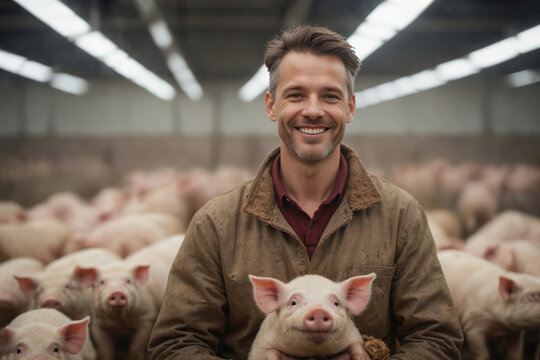 A worker in overalls on a pig farm.A modern pig farm.