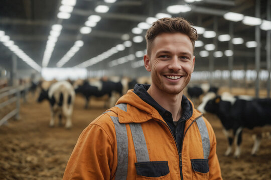 A worker in overalls in the foreground. Smiling.A modern cow farm.