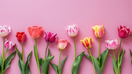 Spring tulip flowers on pink background top view in flat lay style. Greeting for Womens or Mothers Day or Spring Sale Banner