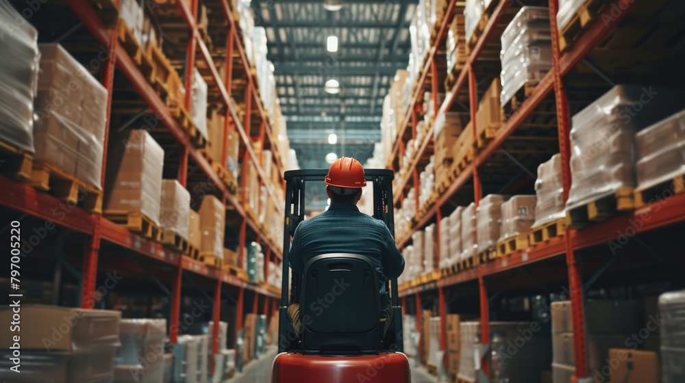 Poster smart warehouse worker or operator driving forklift and lifted product surrounded with box at storag