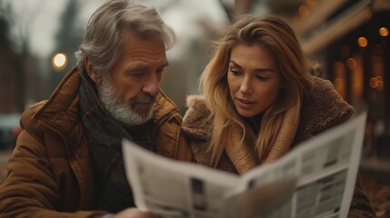 Couple Sharing Newspaper on a Chilly Day