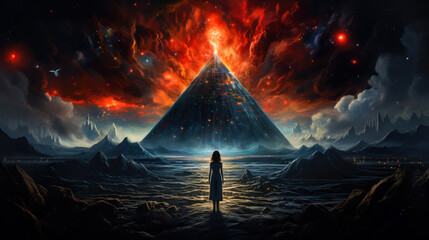 A person is standing in front of a large pyramid, looking up at the ancient structure with awe