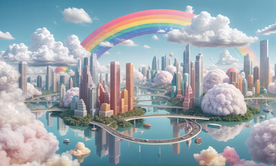 Create a surreal cityscape where skyscrapers are replaced by floating islands of various shapes and sizes, connected by rainbow bridges. The city should be bathed in soft, pastel colors and surrounded - obrazy, fototapety, plakaty