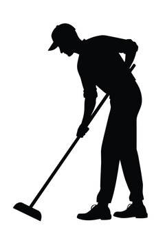 recommend clip art: Vector silhouette janitor. man sweeping the floor with a mop over white background.