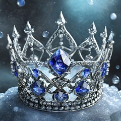 A fantasy fairytale illustrated crown made of silver platinum diamonds and sapphires titled The Ice Crown