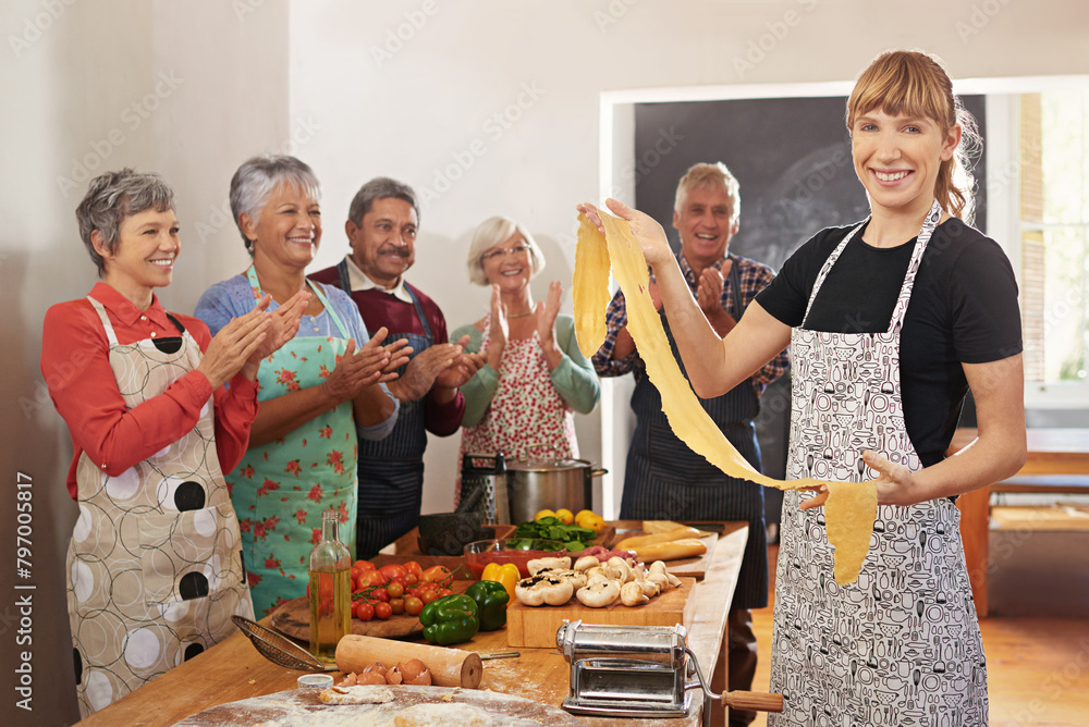 Sticker Cooking, pasta and portrait of people in kitchen learning recipe for cuisine, culinary and chef skills. Retirement, teacher and and men and women with pastry ingredients, dough and food for dinner