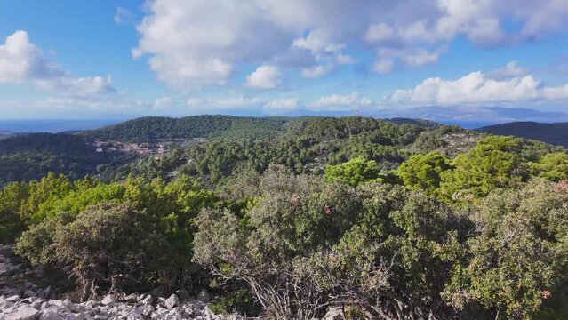 The peak of V. Gradac in Mljet National Park. Vegetation on top of the mountain overlooking the sea. 360&deg; video. 