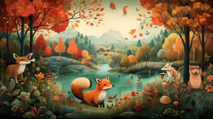 Enchanting woodland scene with cunning fox and lush vibrant foliage - obrazy, fototapety, plakaty