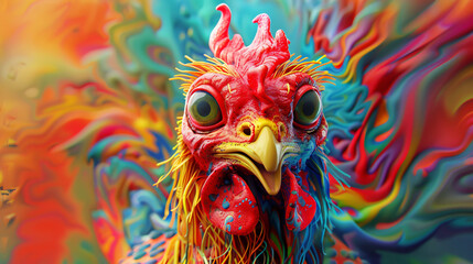 Conceptual digital art of crazy chicken in rich