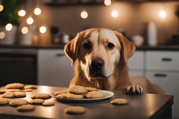'dog table closeup cute cookies labrador eating tasty kitchen animal background beautiful biscuit...