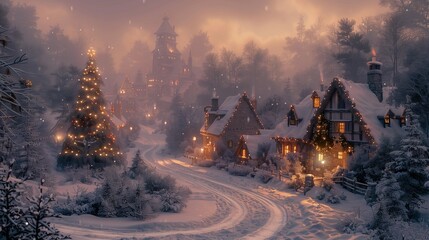 Cozy Christmas Scene at Dusk, generative ai