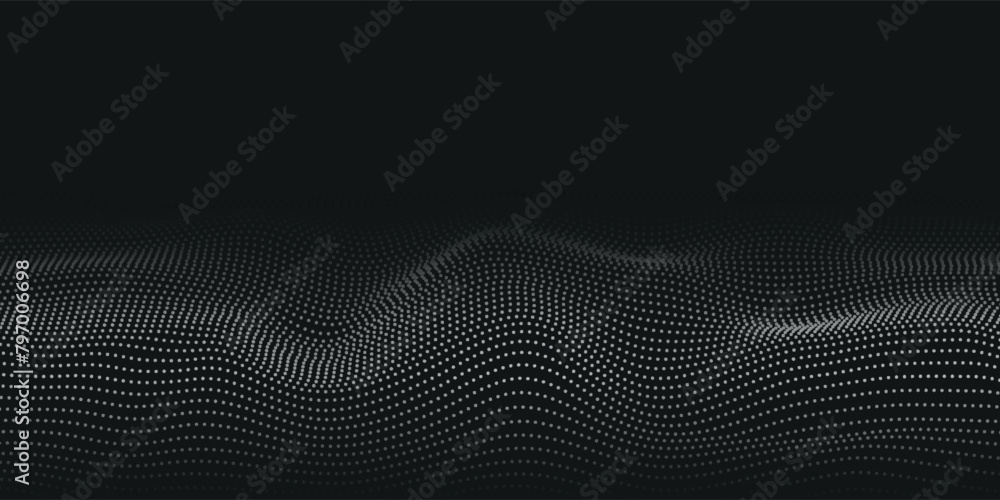 Poster flowing dots particles wave pattern blue green gradient light isolated on black background. vector i